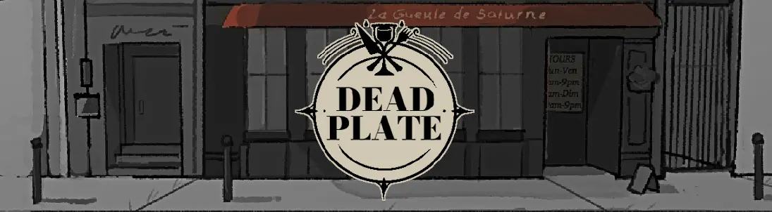Dead Plate title art showing the restaurant storefront
