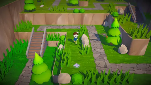 Trees Hate You gameplay showing a low-poly forest path with stairs and rocks